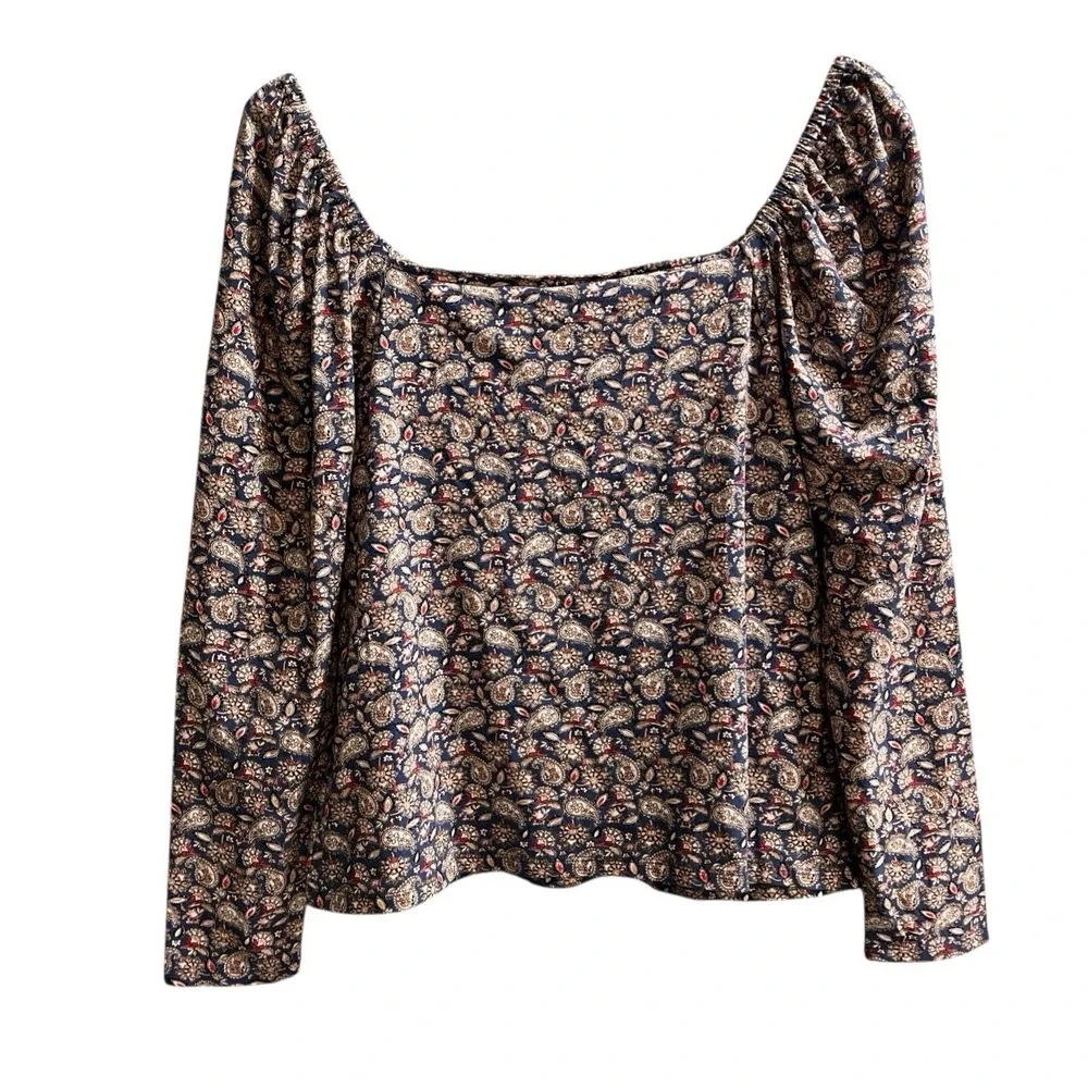Boden Top Womens US 16 18 Blue Paisley Milkmaid Puff Sleeve Ruched V Neck Preppy